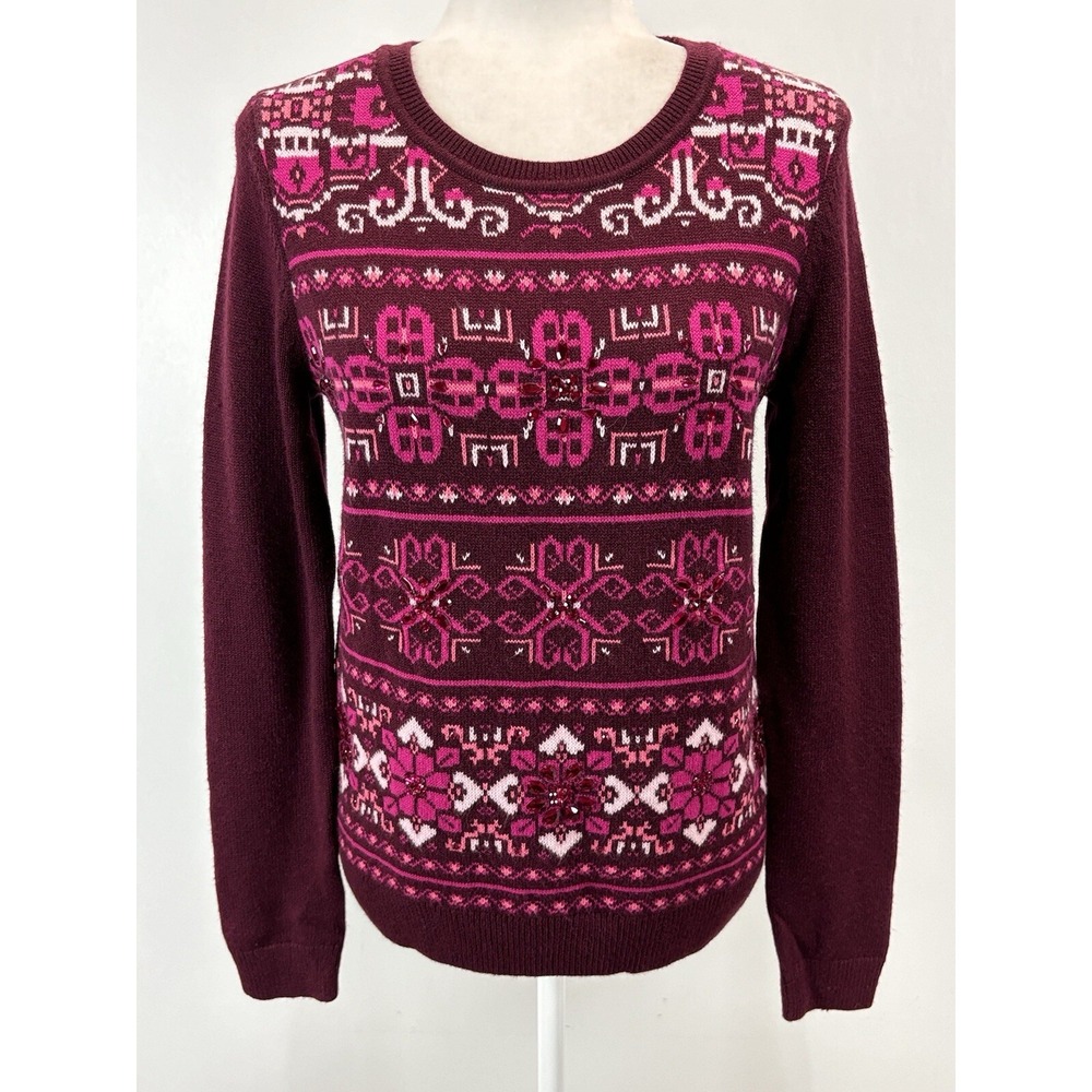 New Talbots Crewneck Sweater Fair Isle Jeweled Lambswool Blend Size Small
